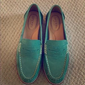 Sperry green suede penny loafers
